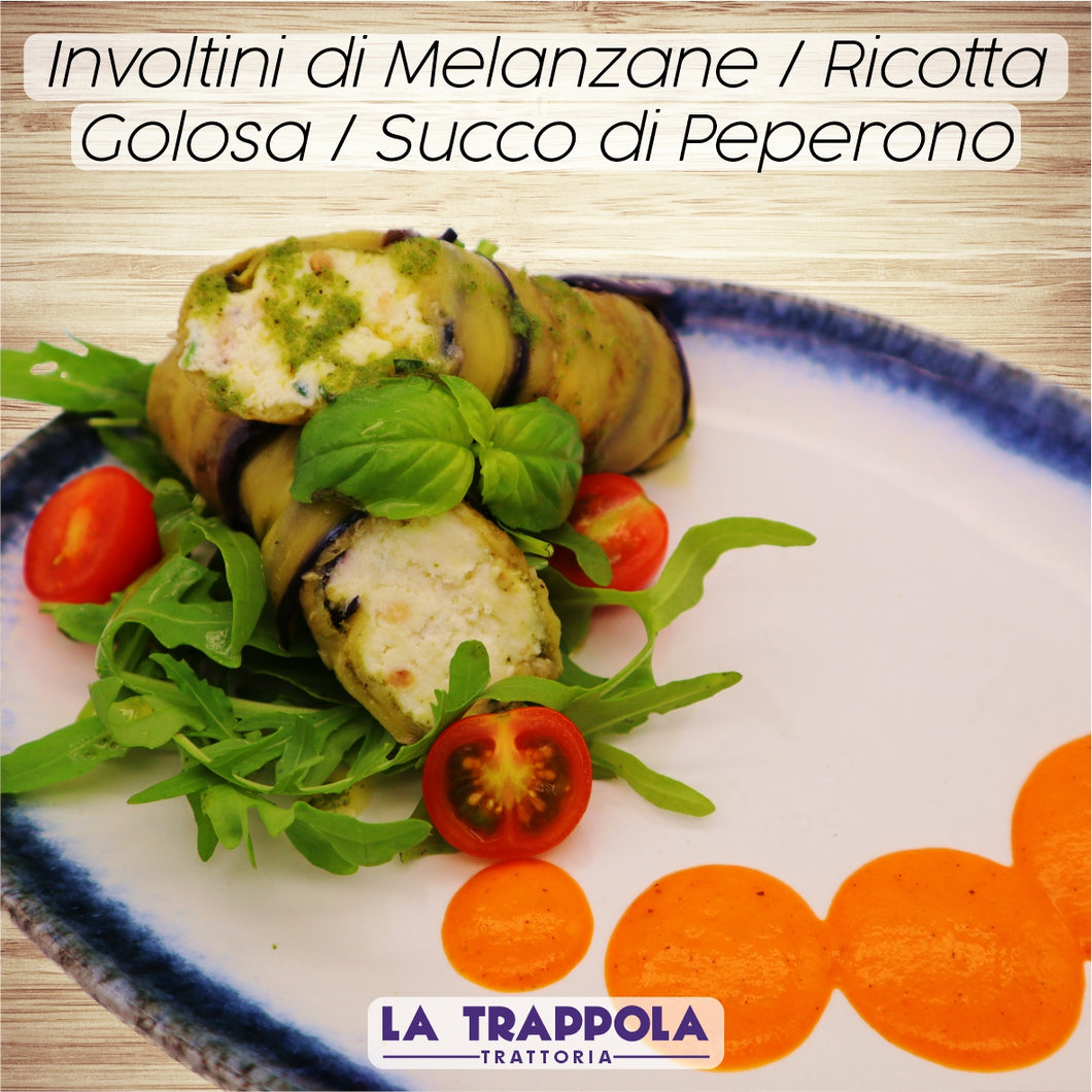 Entrée : Roulades d'Aubergines / Ricotta Gourmande / Jus de Poivrons