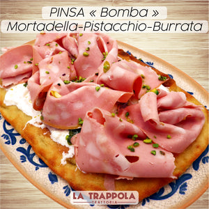 Pizza Romaine "PINSA" Mortadella (Mortadelle-Pesto de Pistaches, Burrata)