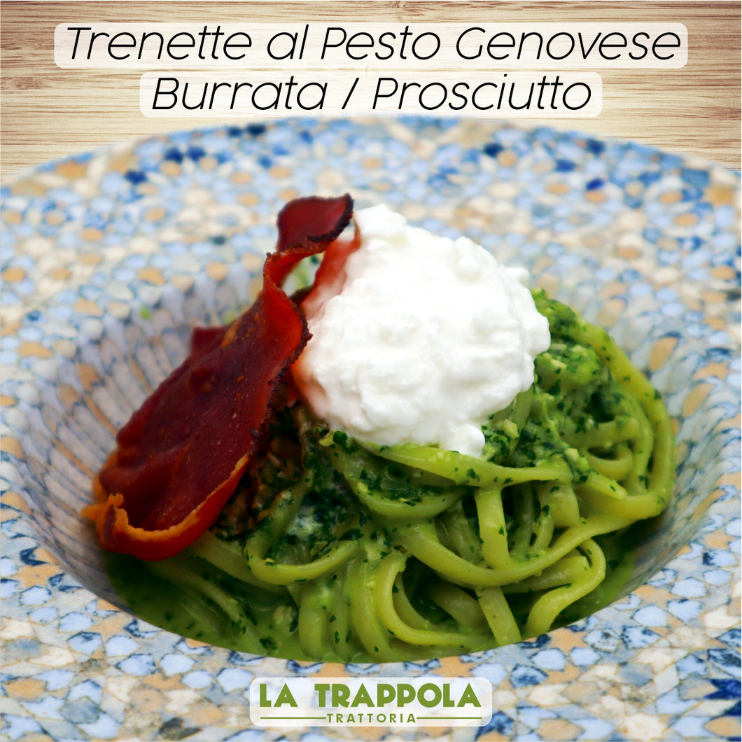Pâtes Fraîches : Linguine au Pesto de Basilic / Burrata / Chips de Jambon
